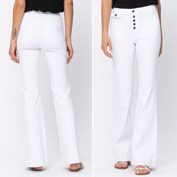 NWT Judy Blue White High Rise Button-Fly Patch Pocket Flare Jeans Size 27 NEW - Picture 1 of 15